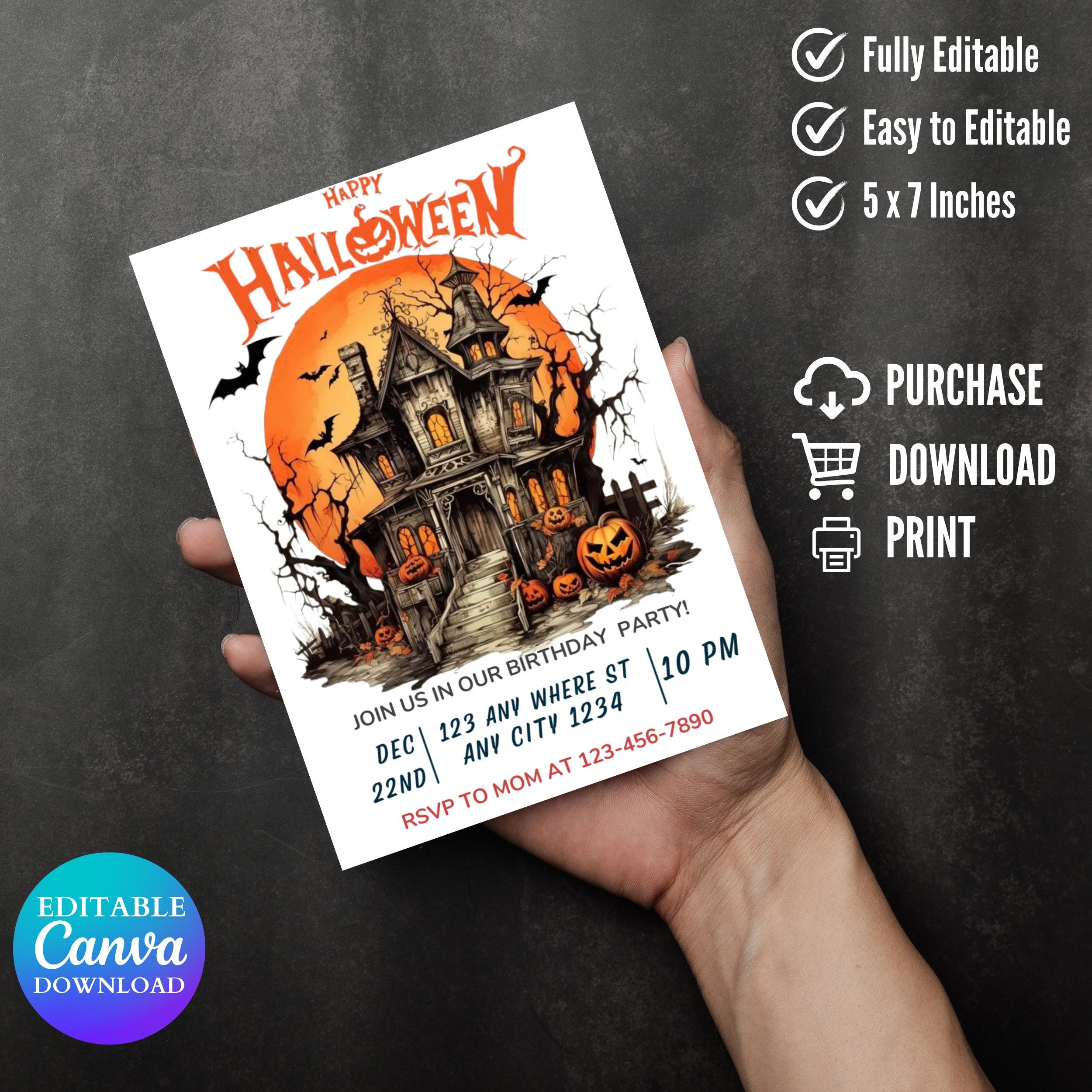Editable Halloween Party Invitation: Spooky Birthday Invite (5x7, Digital Download, Canva Template