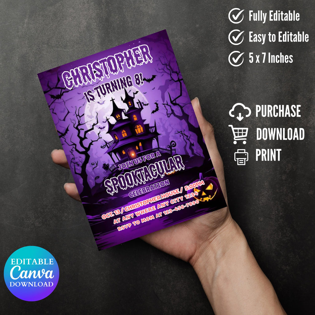 Retro Skateboard Ghost Halloween Birthday Invitation (Digital Invite, 5x7 in Canva Template )