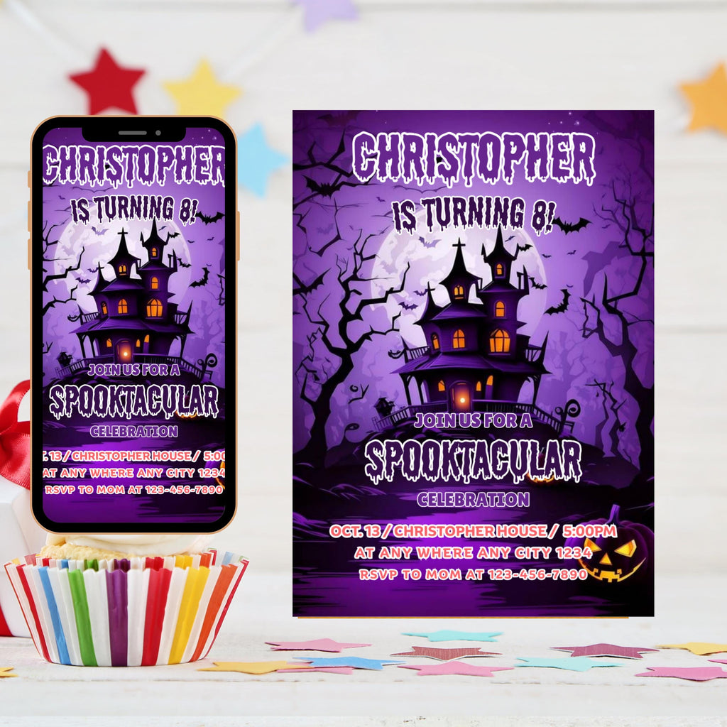 Retro Skateboard Ghost Halloween Birthday Invitation (Digital Invite, 5x7 in Canva Template )
