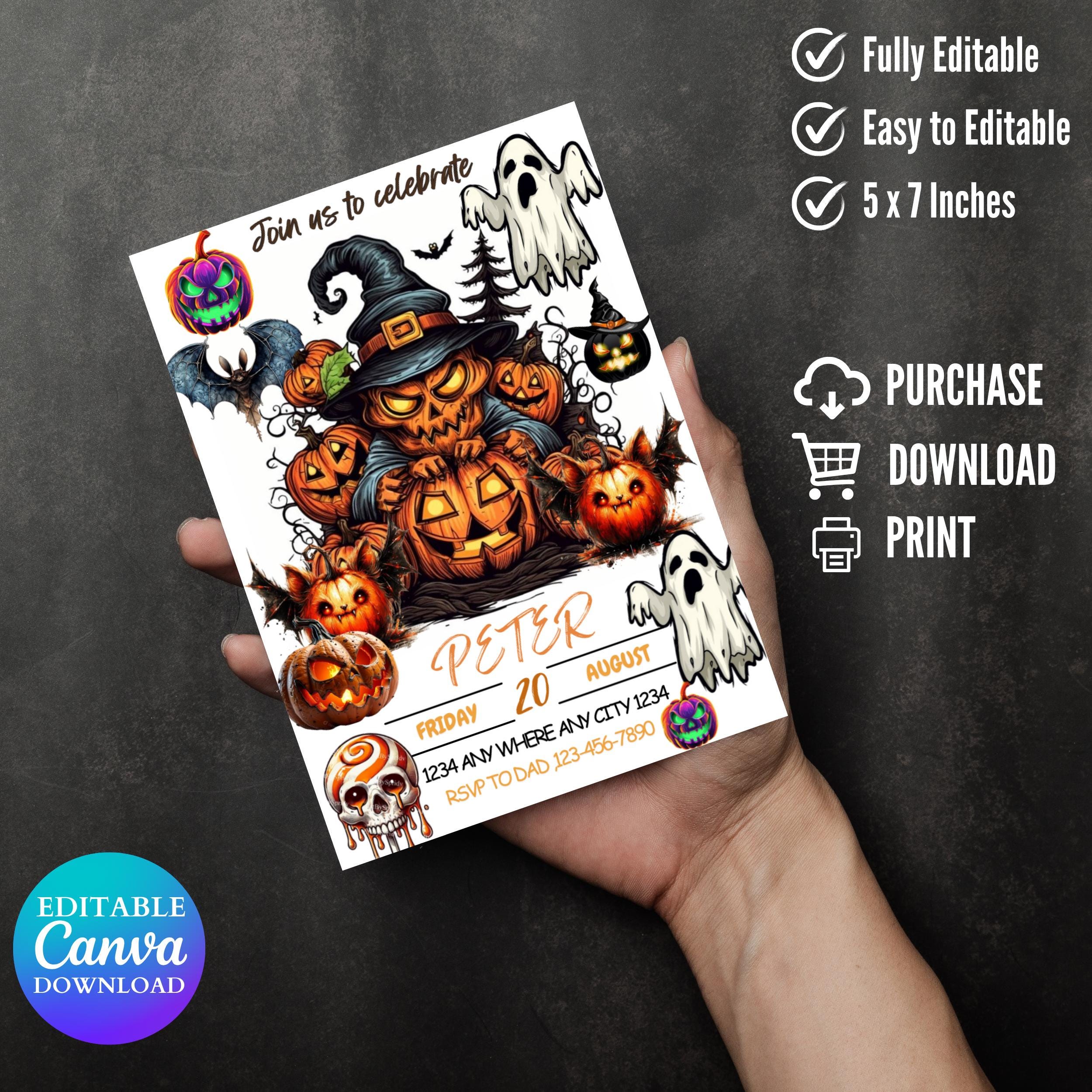 Monster Halloween Birthday Invitation: Editable Canva Template (Digital Download 5x7" PDF/JPG Options)