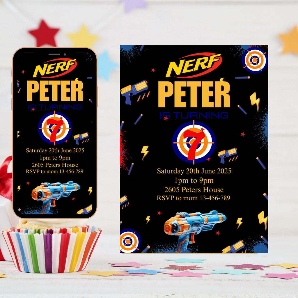 Dart Gun Birthday Invitation Template – Editable Canva Design for Kids or Teens Action-Themed Party, Dart Gun Invite Party, Boy Invitation