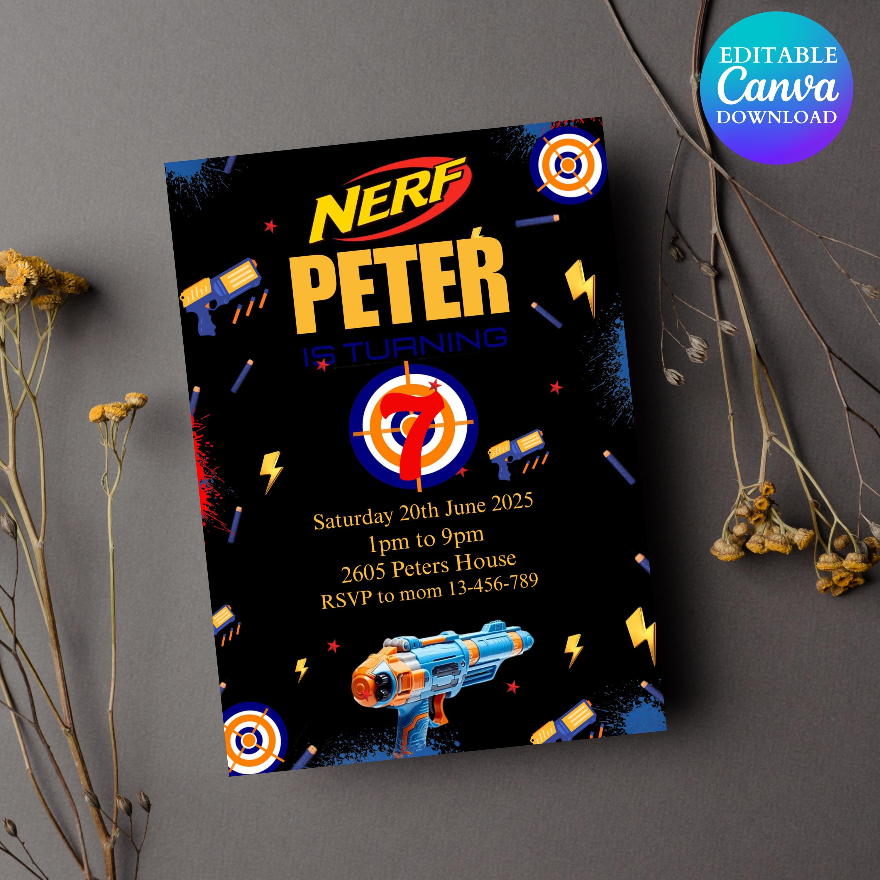 Dart Gun Birthday Invitation Template – Editable Canva Design for Kids or Teens Action-Themed Party, Dart Gun Invite Party, Boy Invitation