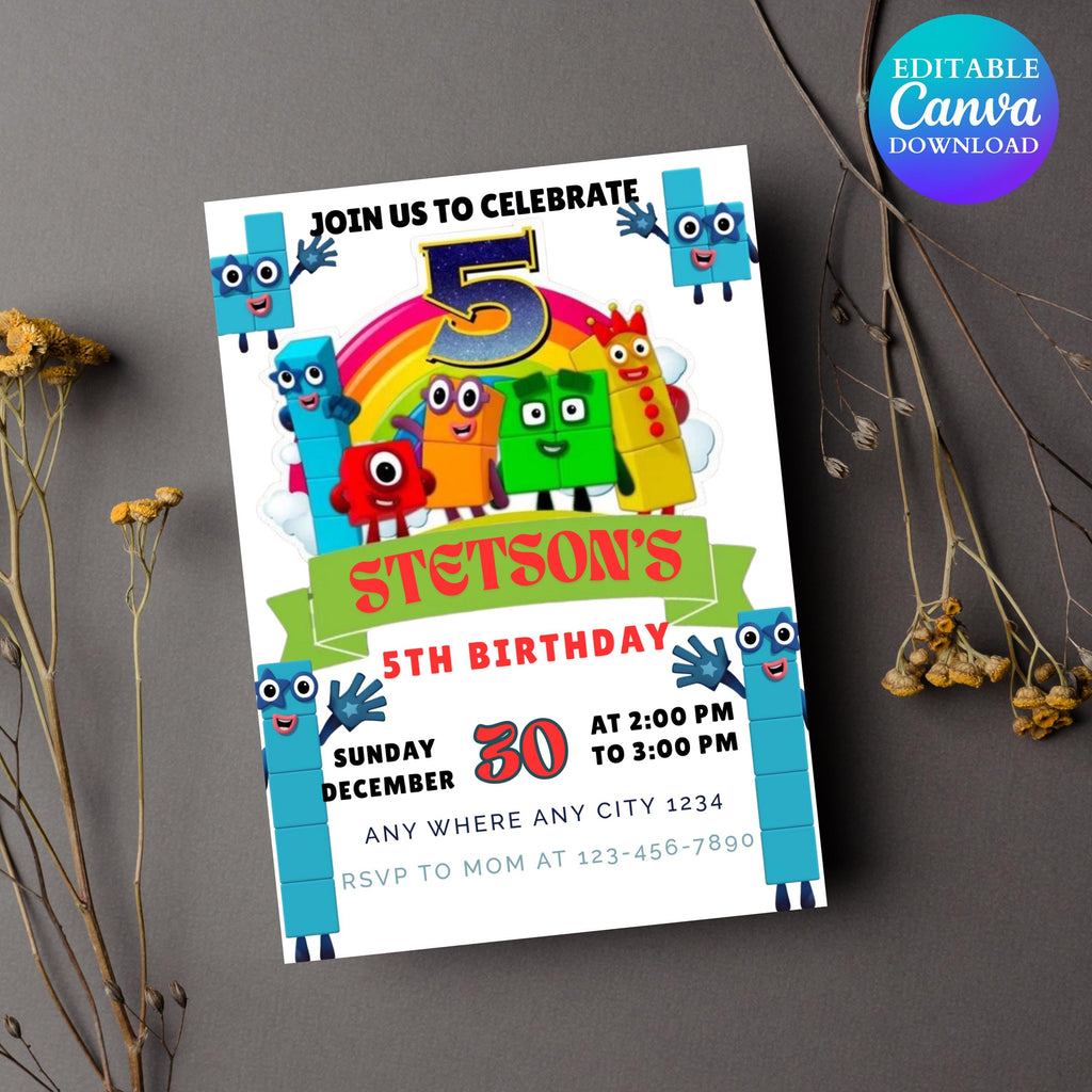 Editable Number blocks, Birthday Invitation, Printable Birthday Party Invite, Digital Kid Party Invite, Number Inspired Birthday Invitation