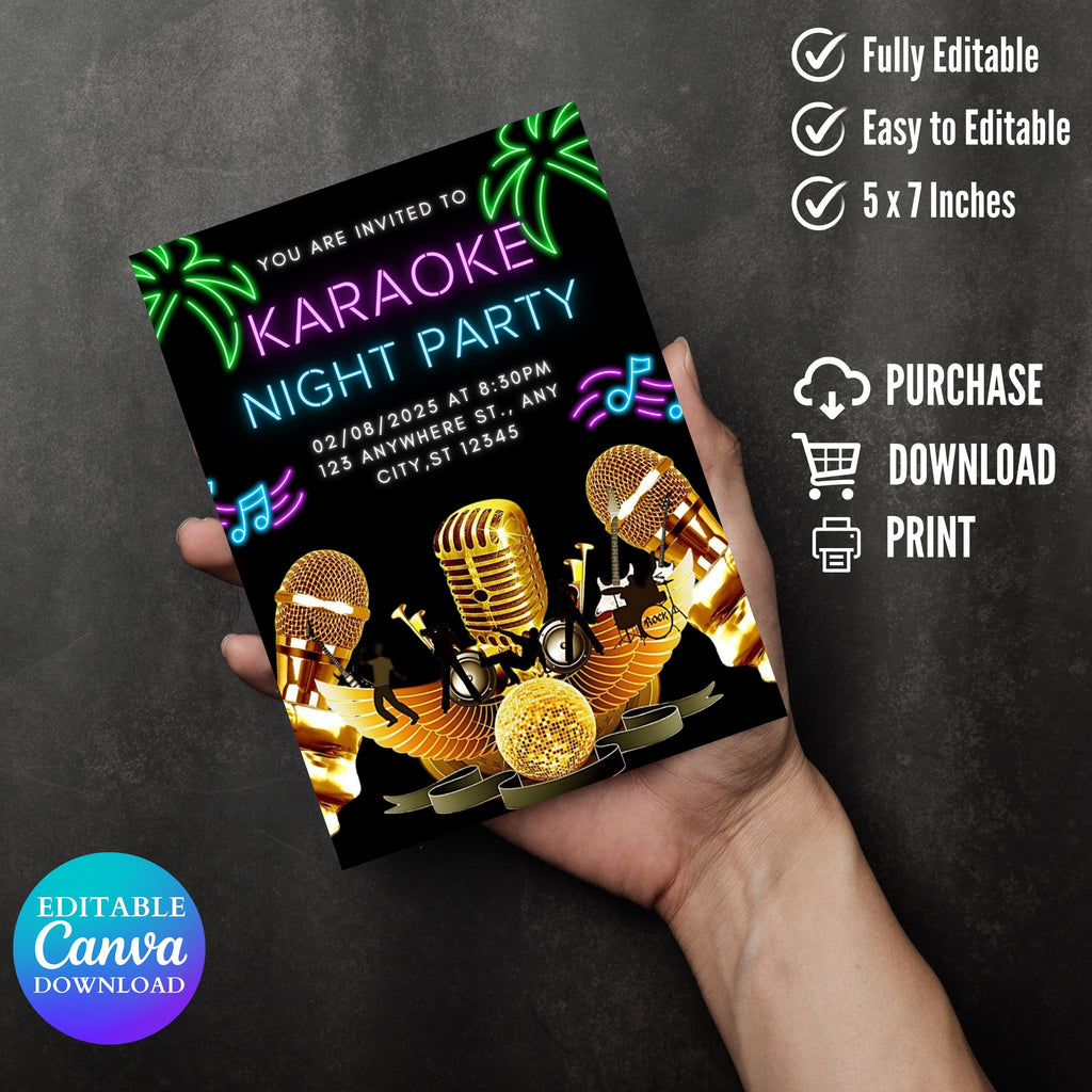 Editable Karaoke Party Birthday Invitation, Glow Karaoke birthday party neon singing music party invite Karaoke and glow instant download