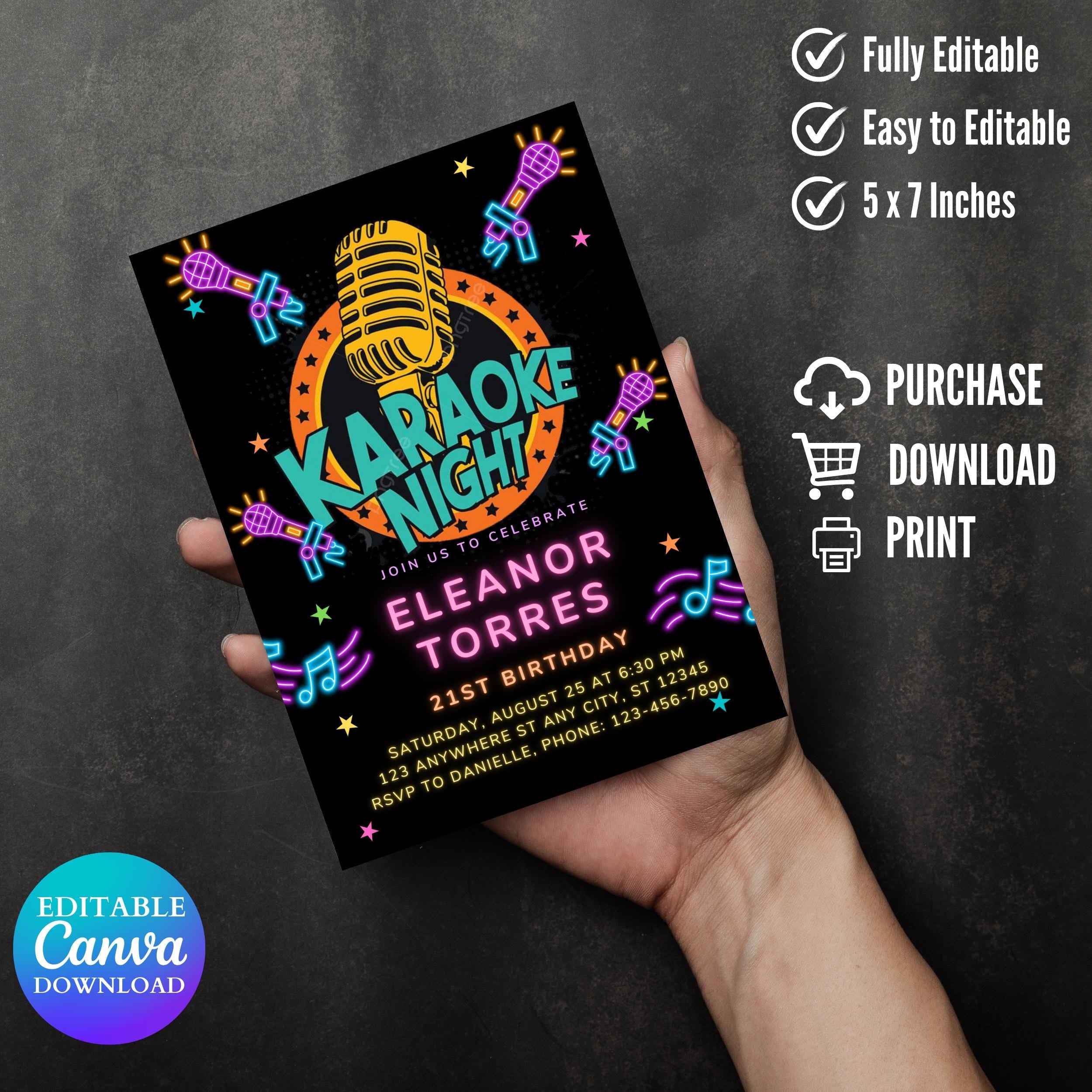 Editable Karaoke Party Birthday Invitation, Glow Karaoke birthday party neon singing music party invite Karaoke and glow instant download