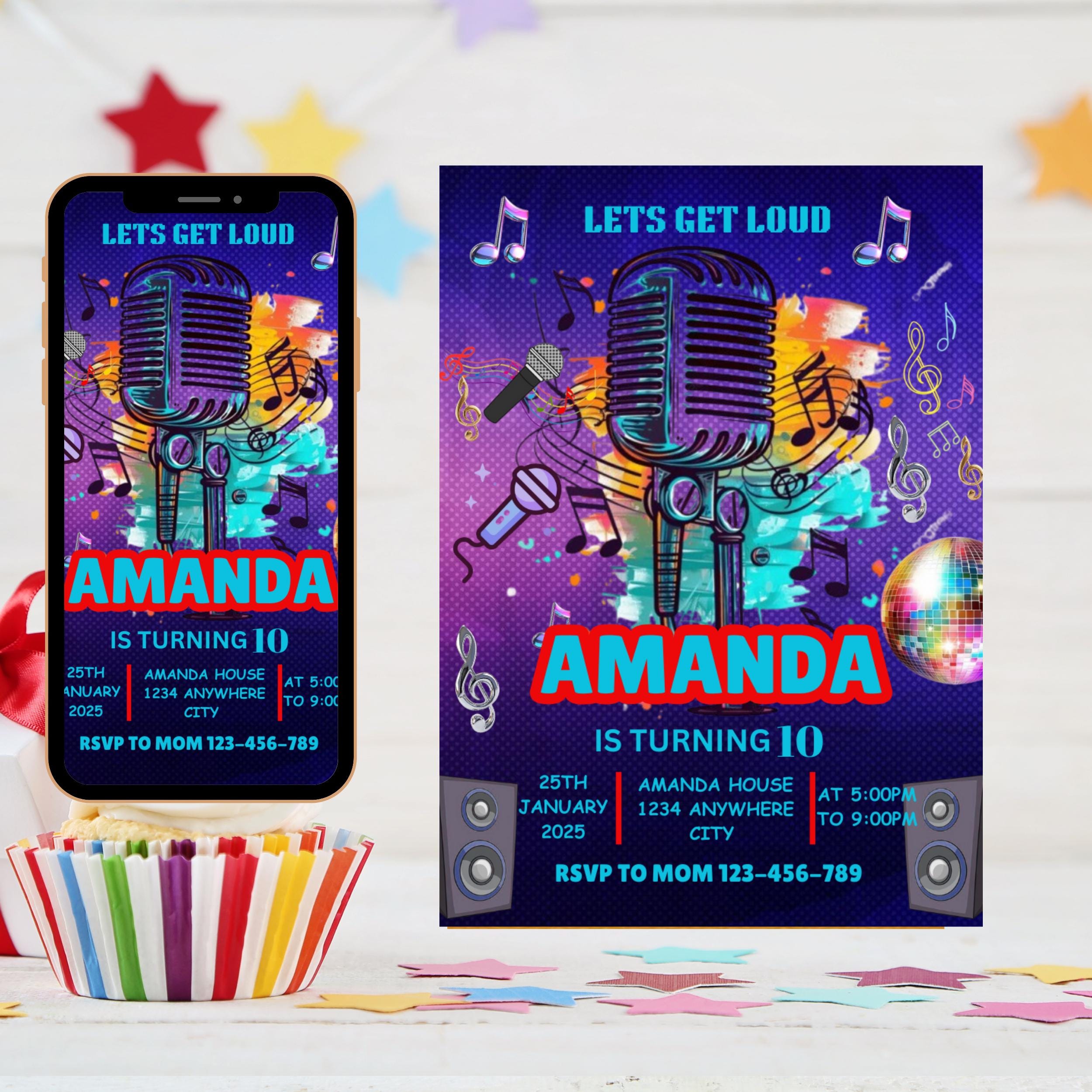 Karaoke Party Birthday Invitation, Glow Karaoke Birthday Party, Neon Singing Music Party Invite, Karaoke and Glow CANVA