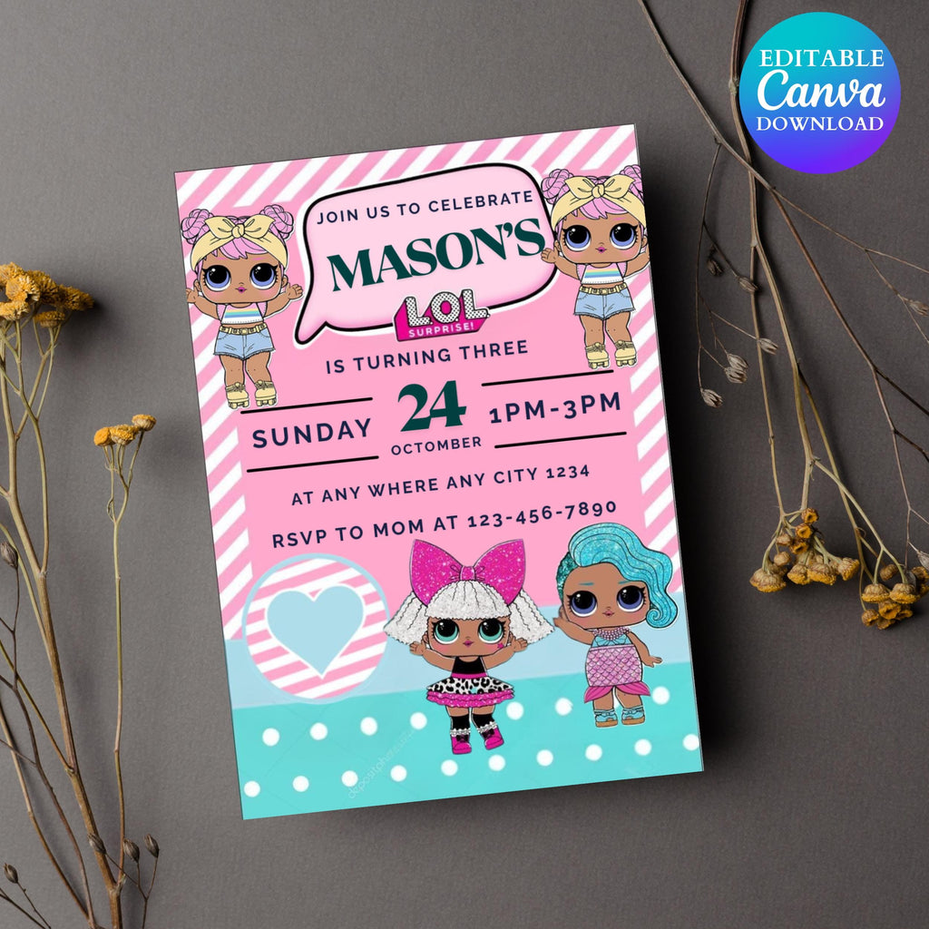 Little Doll Birthday Invitation, Pink Doll Birthday Party Invitation, doll Invitation Kid Birthday, Little Pink Doll Birthday Invitation