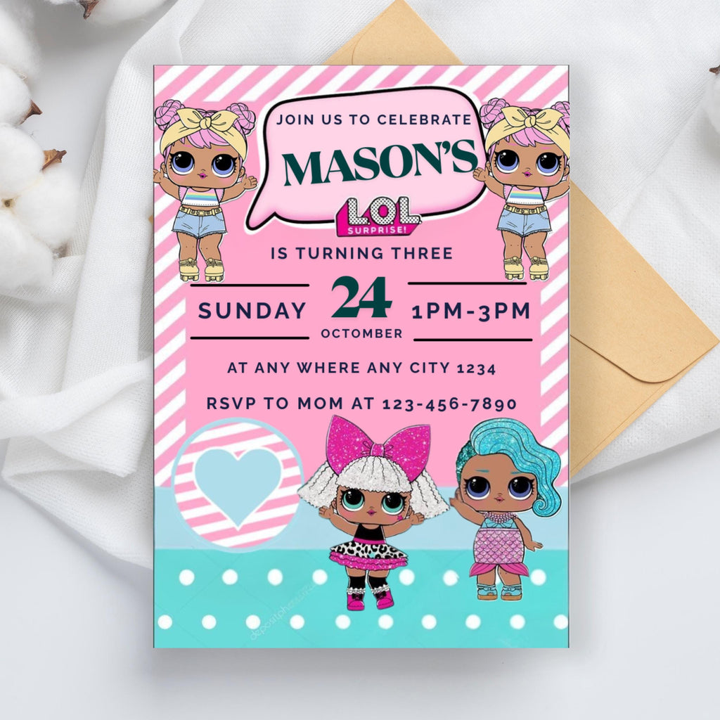 Little Doll Birthday Invitation, Pink Doll Birthday Party Invitation, doll Invitation Kid Birthday, Little Pink Doll Birthday Invitation