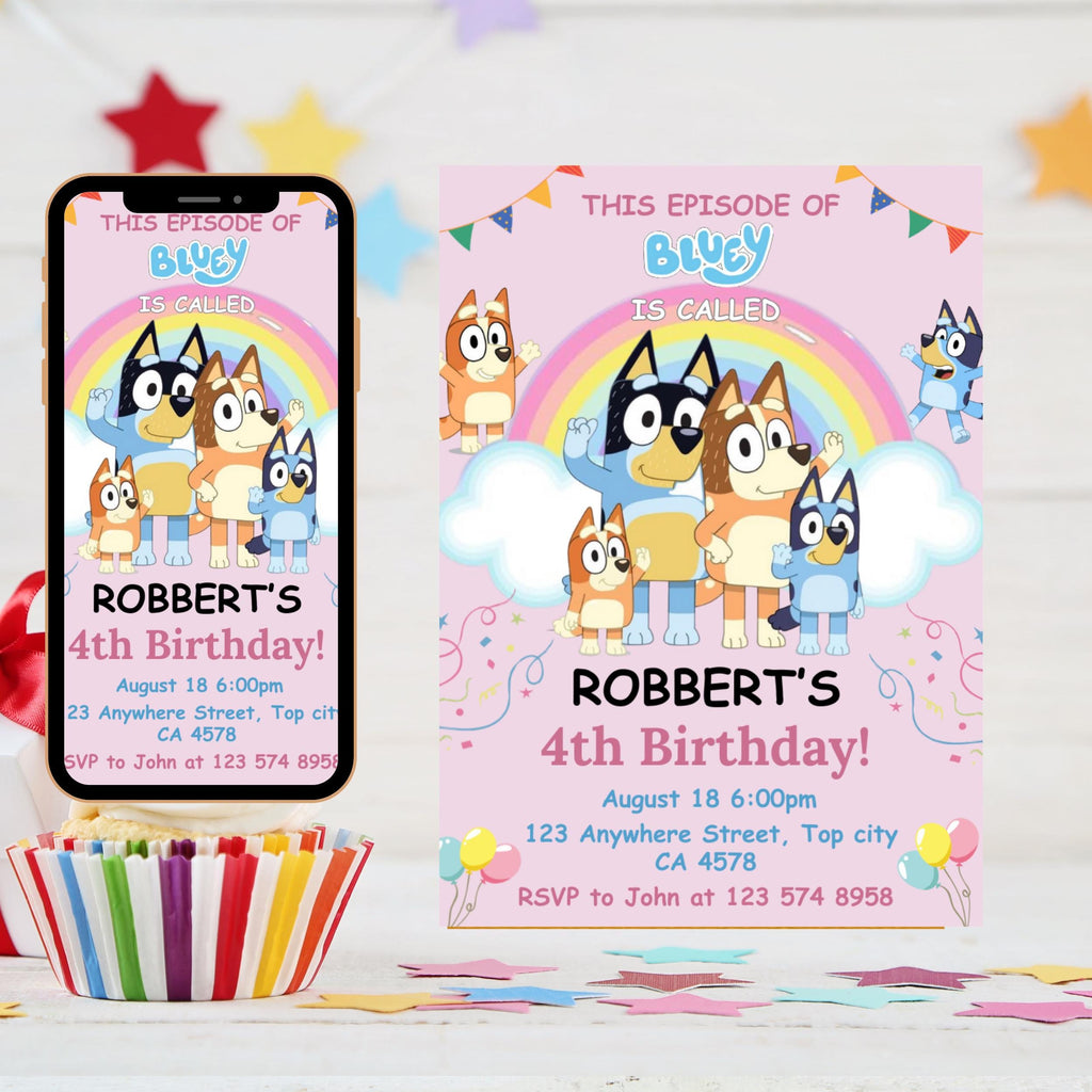 Pink Bluey Birthday Invitation: Editable Canva Template (Digital Download)