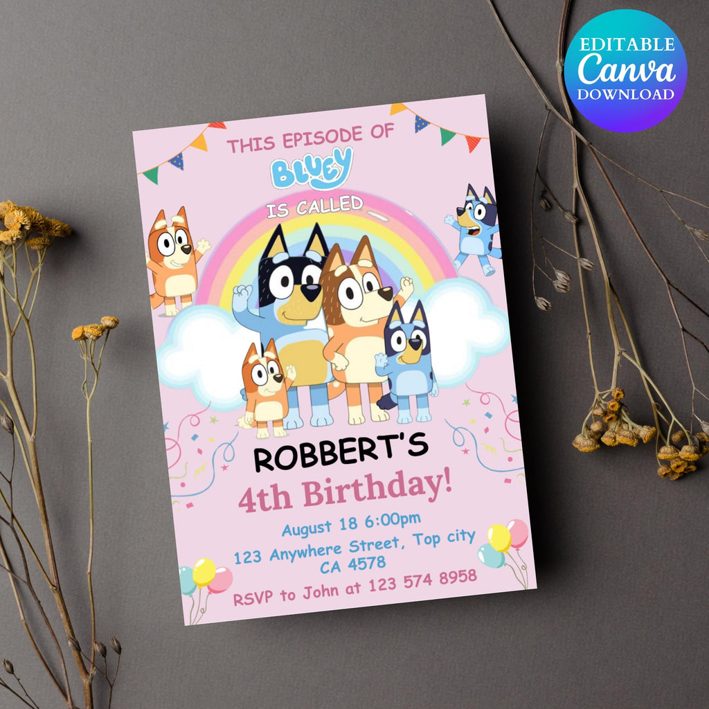Pink Bluey Birthday Invitation: Editable Canva Template (Digital Download)