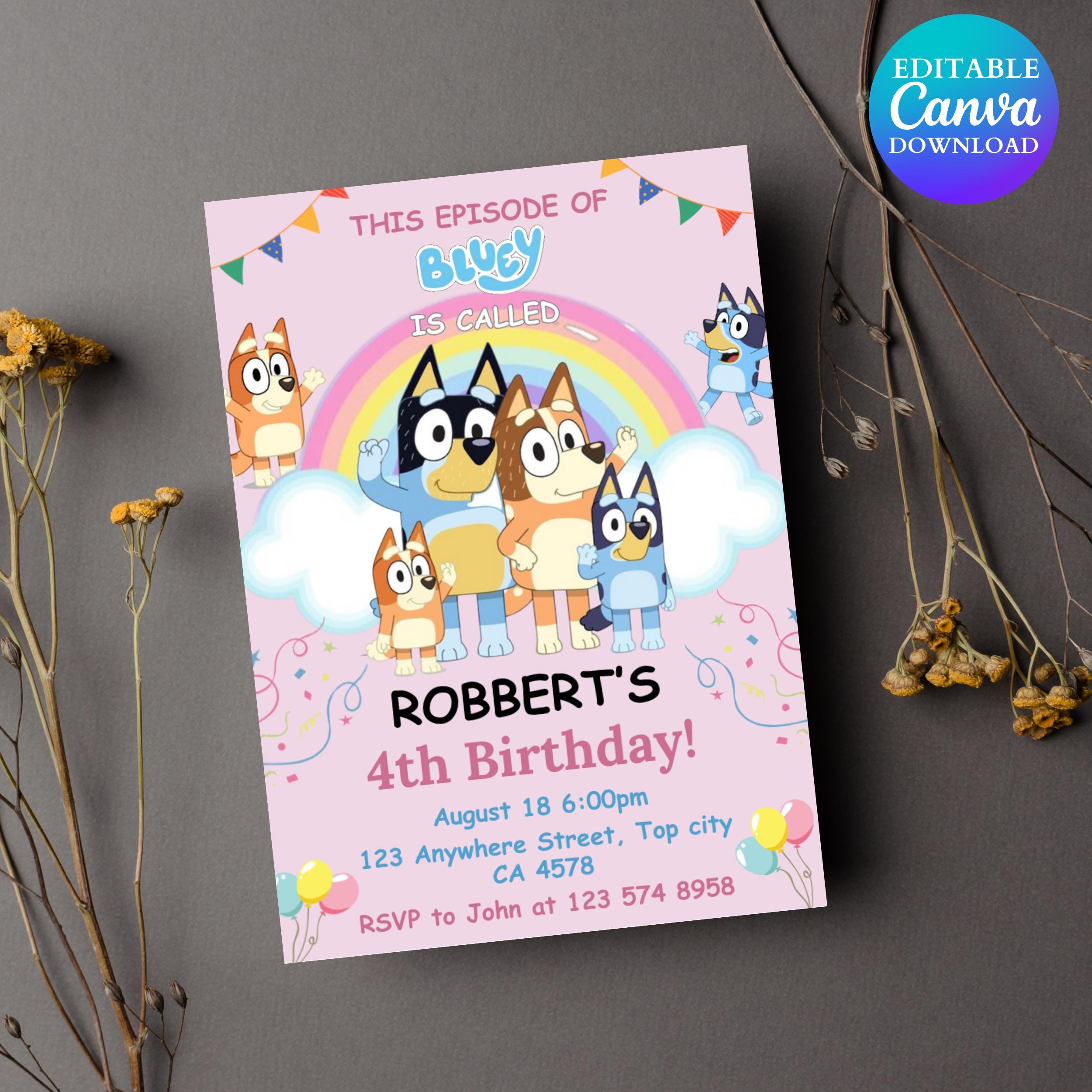Pink Bluey Birthday Invitation: Editable Canva Template (Digital Download)