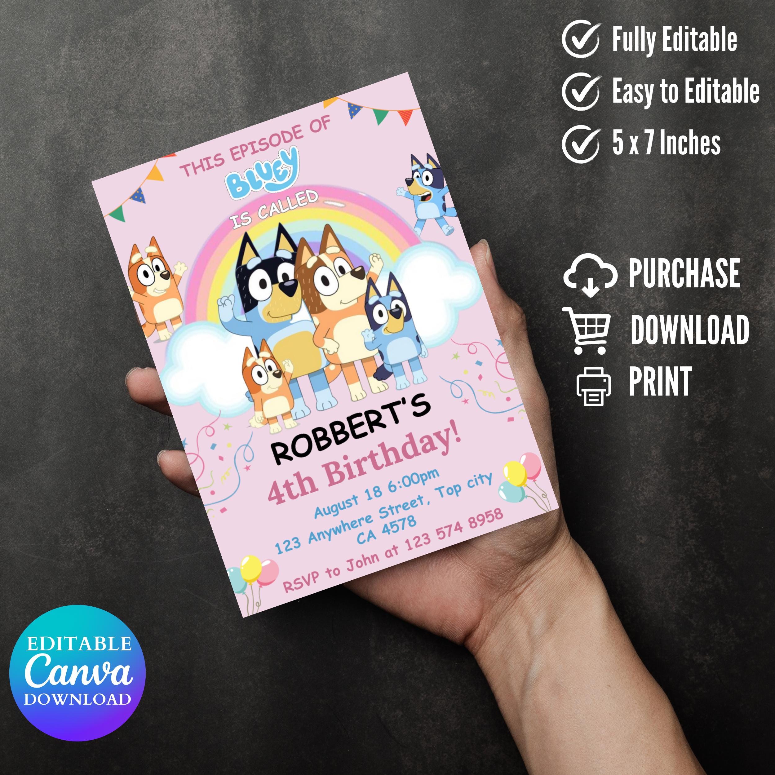 Pink Bluey Birthday Invitation: Editable Canva Template (Digital Download)