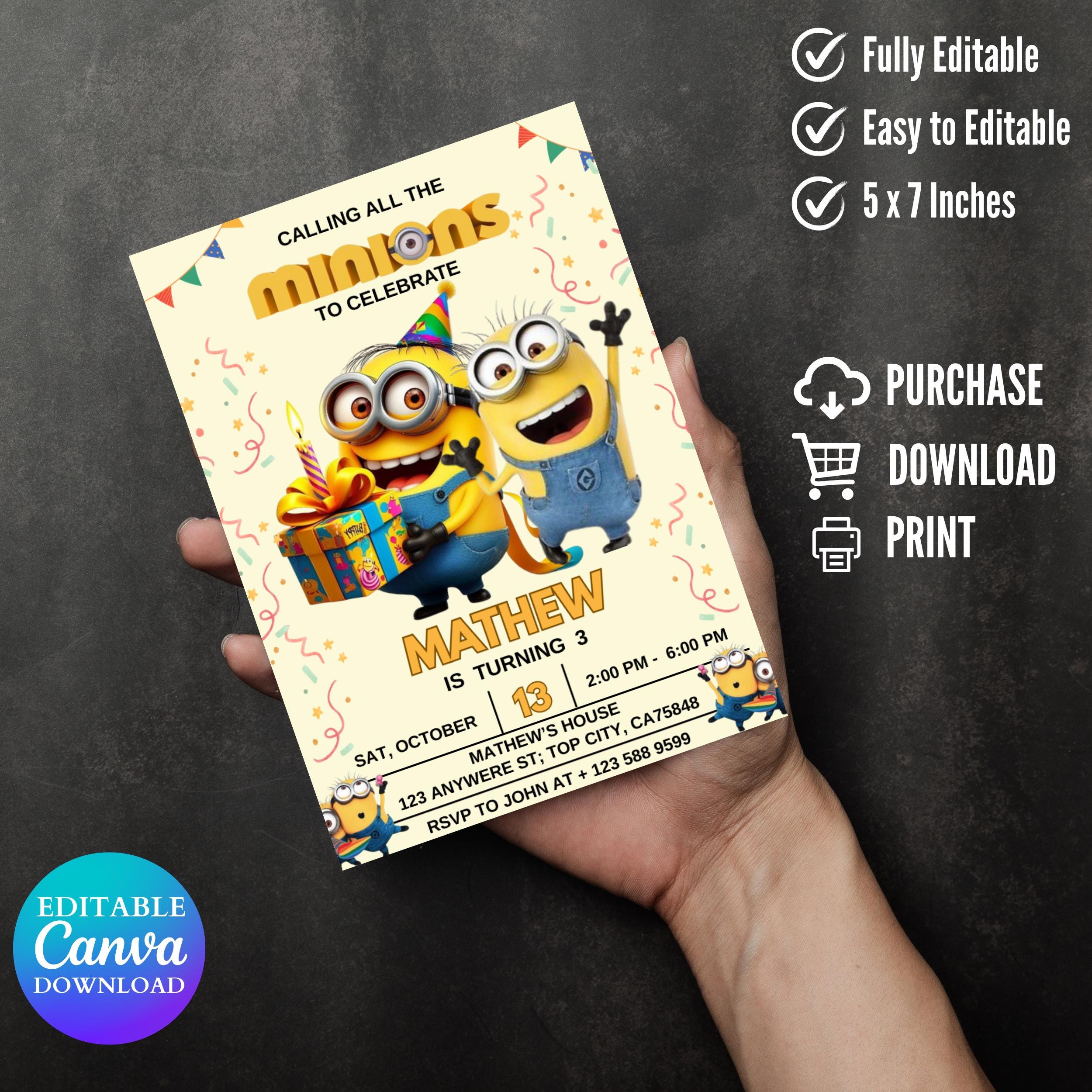 Editable Minion Birthday Invitation: Printable Kids Party Evite (5x7 inches)