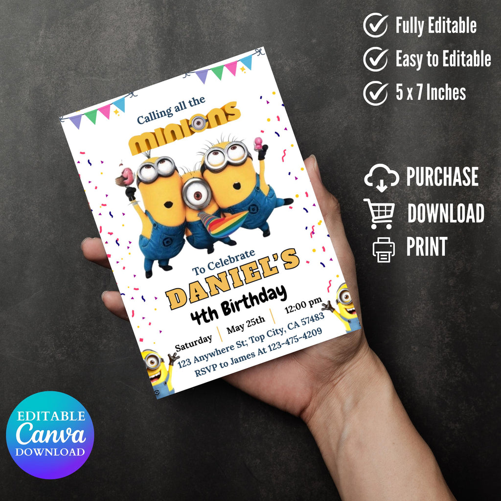 Editable Minion Birthday Invitation: Kids Party Template (Digital Download 5x7in
