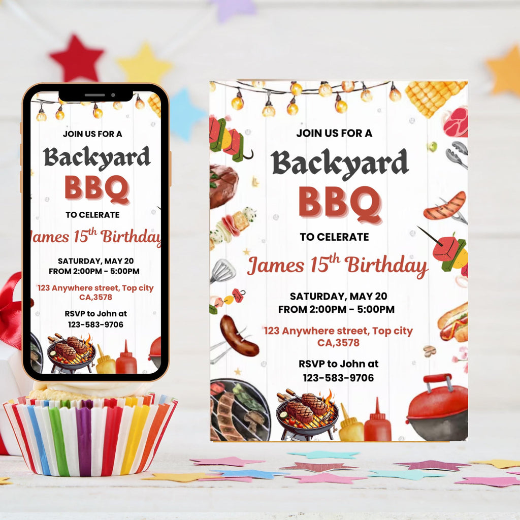 Red Gingham BBQ Birthday Invitation: Editable Backyard Party Template (Digital Download