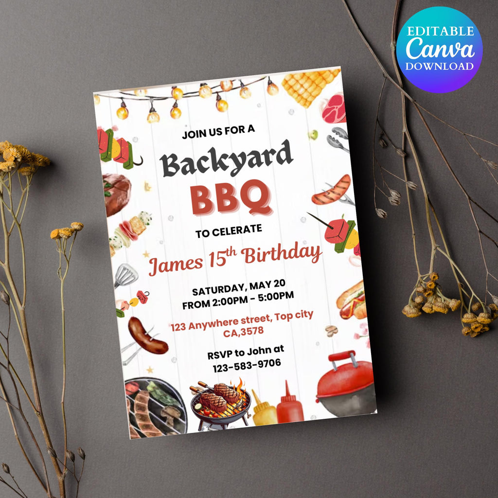 Red Gingham BBQ Birthday Invitation: Editable Backyard Party Template (Digital Download