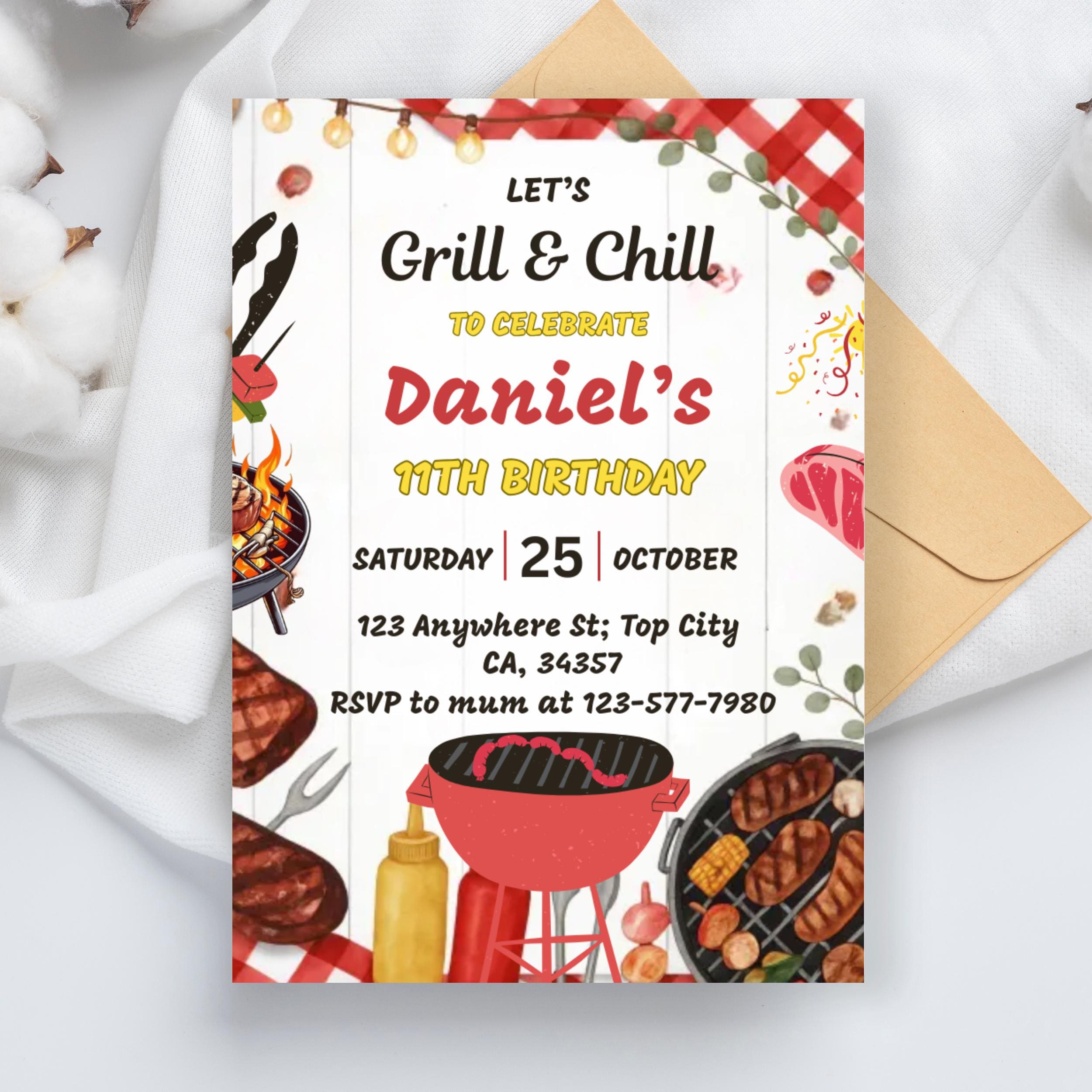 Editable Bbq Birthday Invitation Template, Editable Grill and Chill Party Canva Template, Barbecue Red Gingham Backyard Party Template