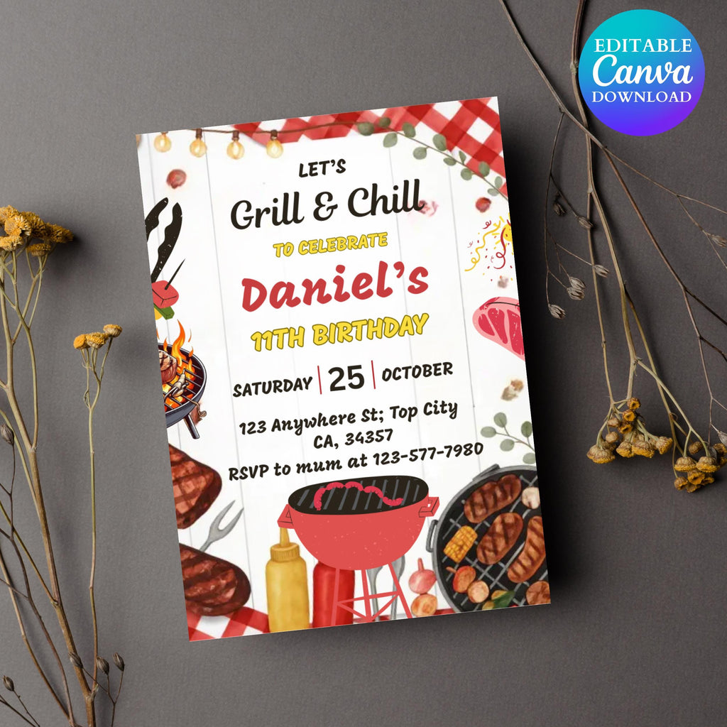 Editable Bbq Birthday Invitation Template, Editable Grill and Chill Party Canva Template, Barbecue Red Gingham Backyard Party Template