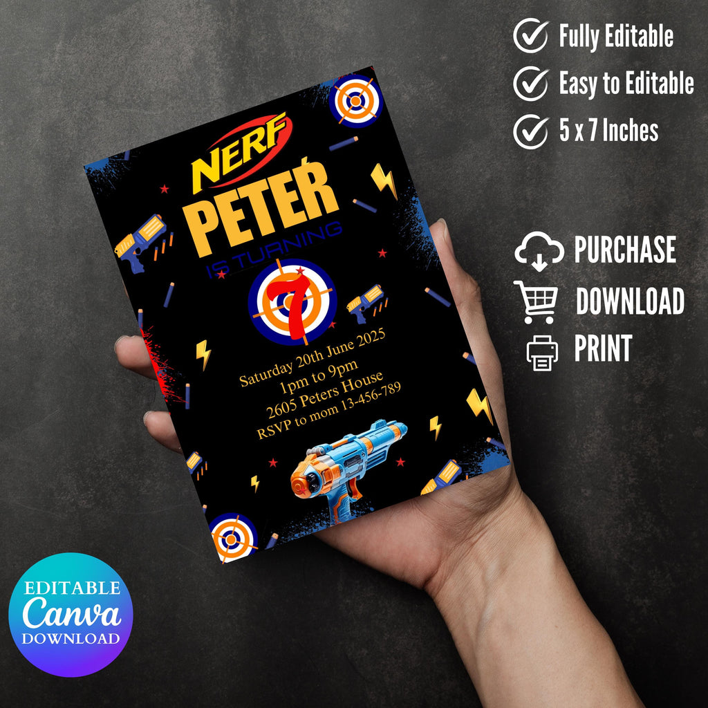 Dart Gun Birthday Invitation Template – Editable Canva Design for Kids or Teens Action-Themed Party, Dart Gun Invite Party, Boy Invitation