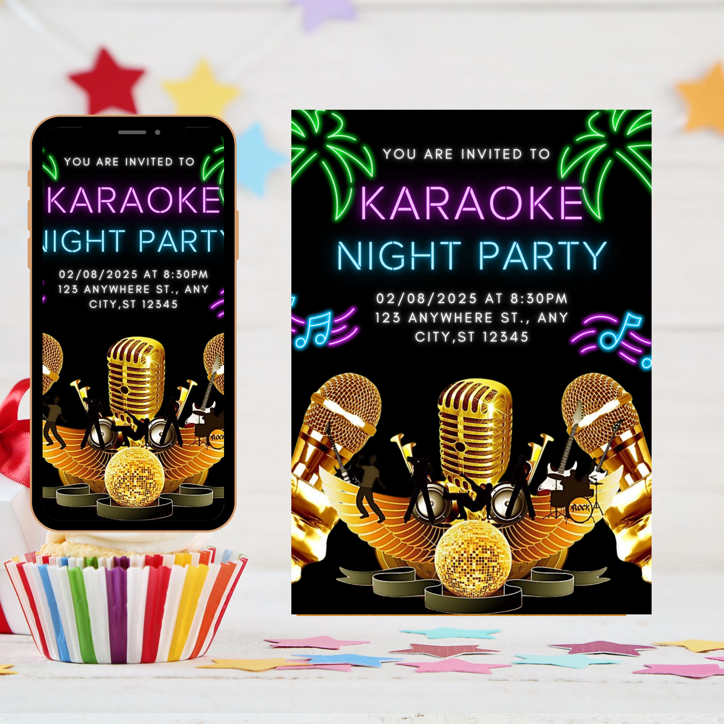Editable Karaoke Party Birthday Invitation, Glow Karaoke birthday party neon singing music party invite Karaoke and glow instant download