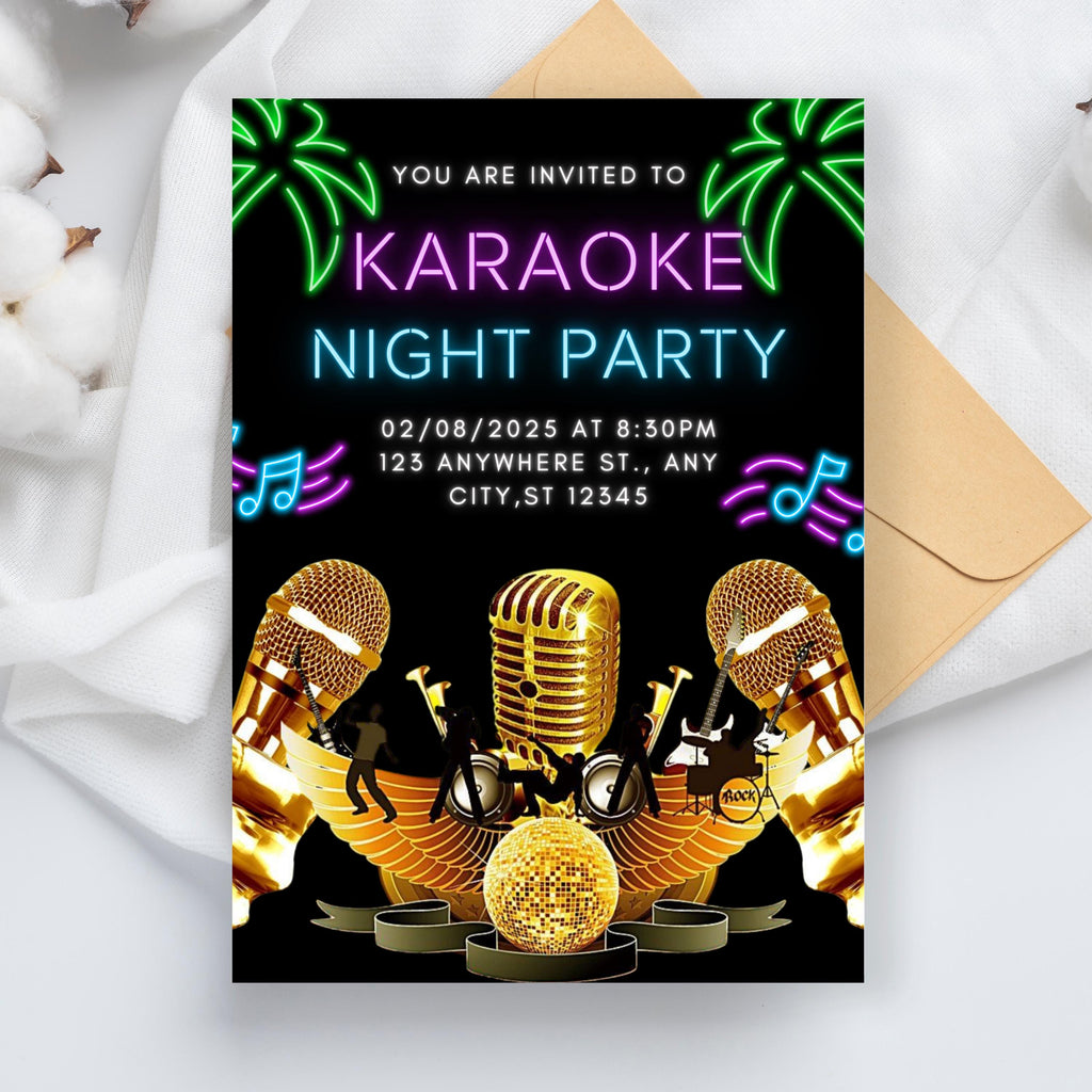 Editable Karaoke Party Birthday Invitation, Glow Karaoke birthday party neon singing music party invite Karaoke and glow instant download