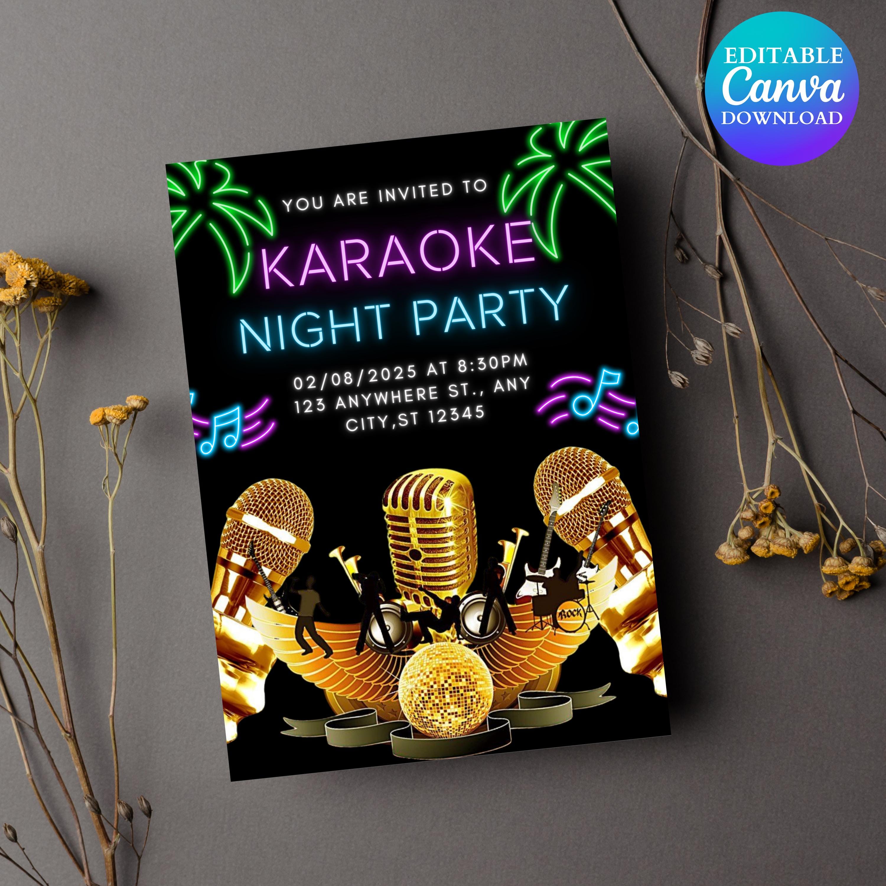 Editable Karaoke Party Birthday Invitation, Glow Karaoke birthday party neon singing music party invite Karaoke and glow instant download