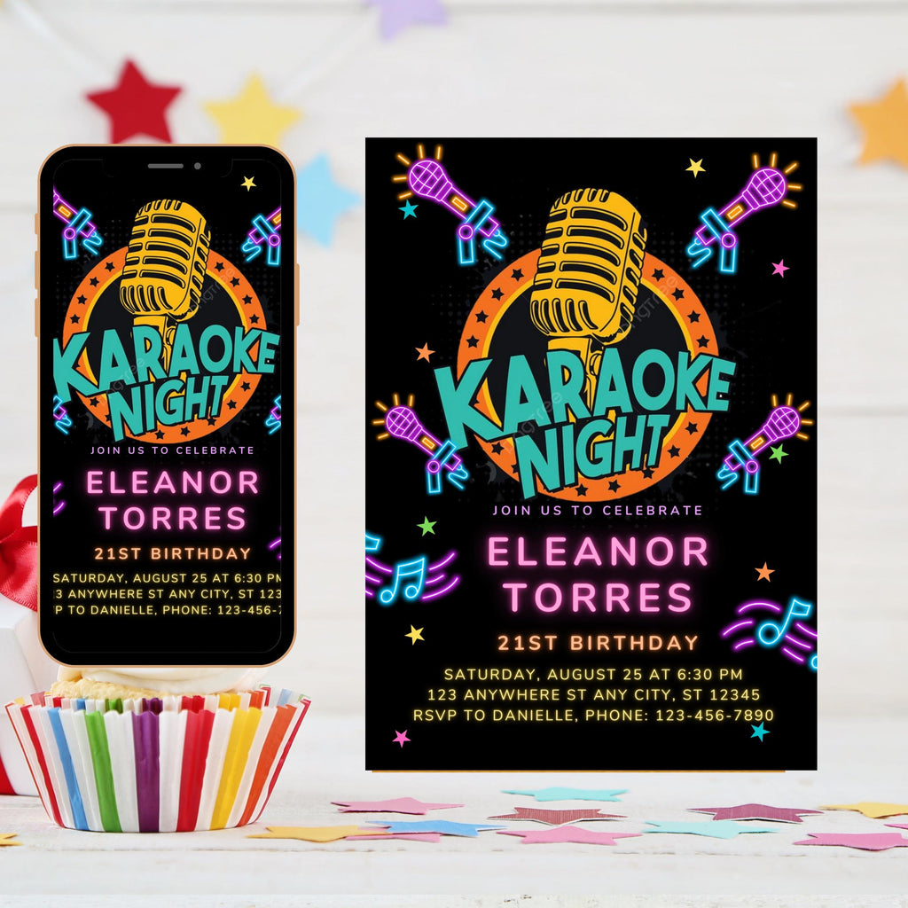 Editable Karaoke Party Birthday Invitation, Glow Karaoke birthday party neon singing music party invite Karaoke and glow instant download