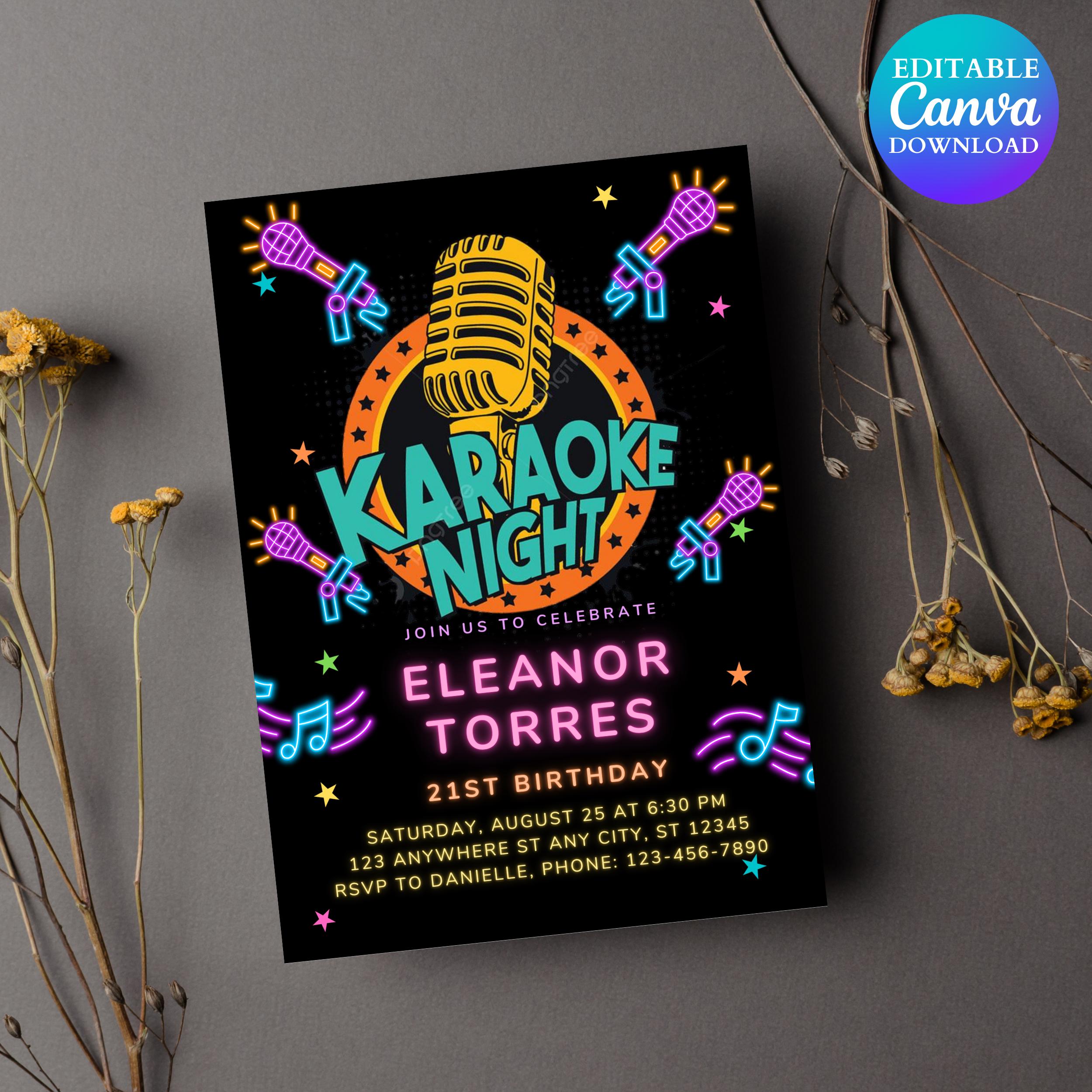 Editable Karaoke Party Birthday Invitation, Glow Karaoke birthday party neon singing music party invite Karaoke and glow instant download