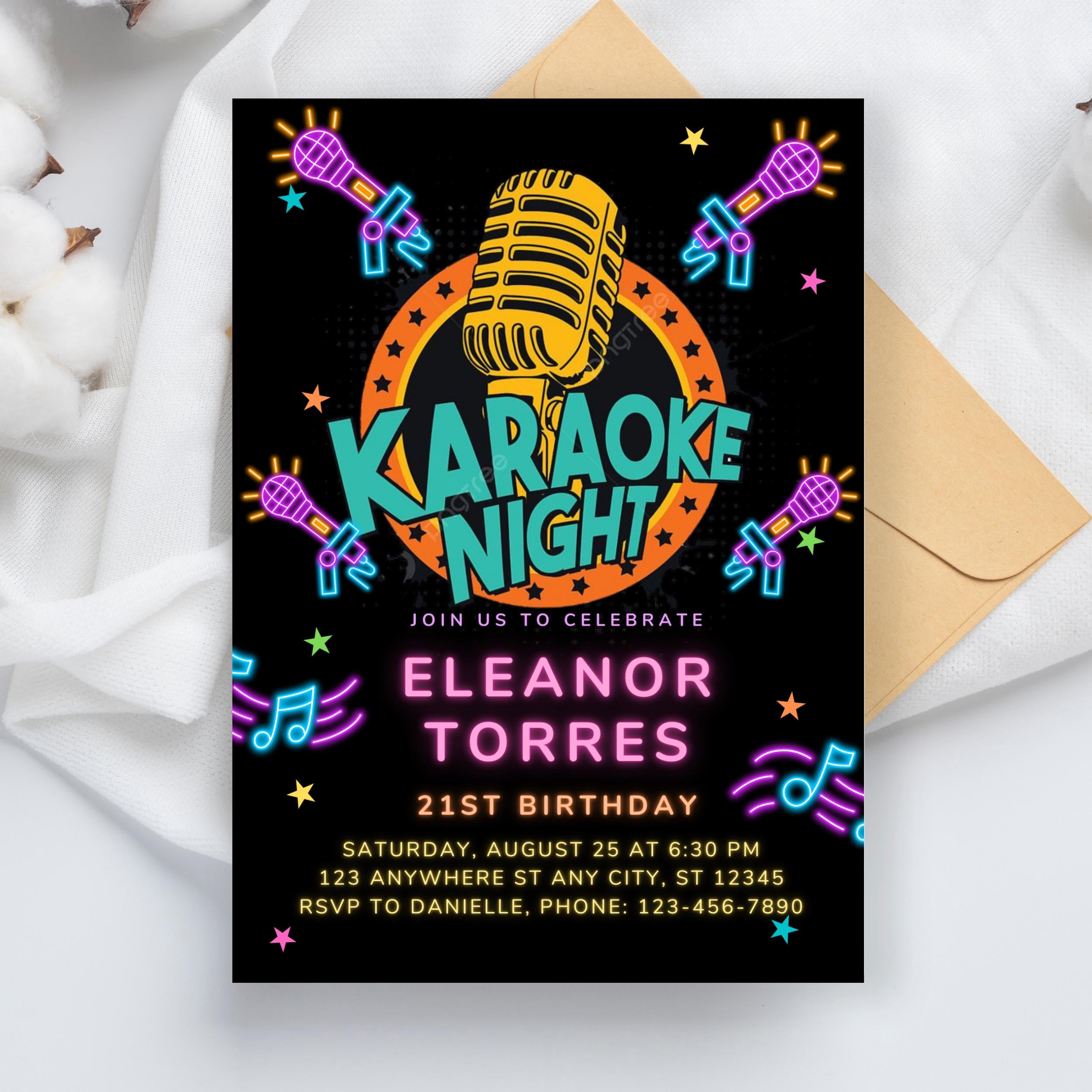 Editable Karaoke Party Birthday Invitation, Glow Karaoke birthday party neon singing music party invite Karaoke and glow instant download