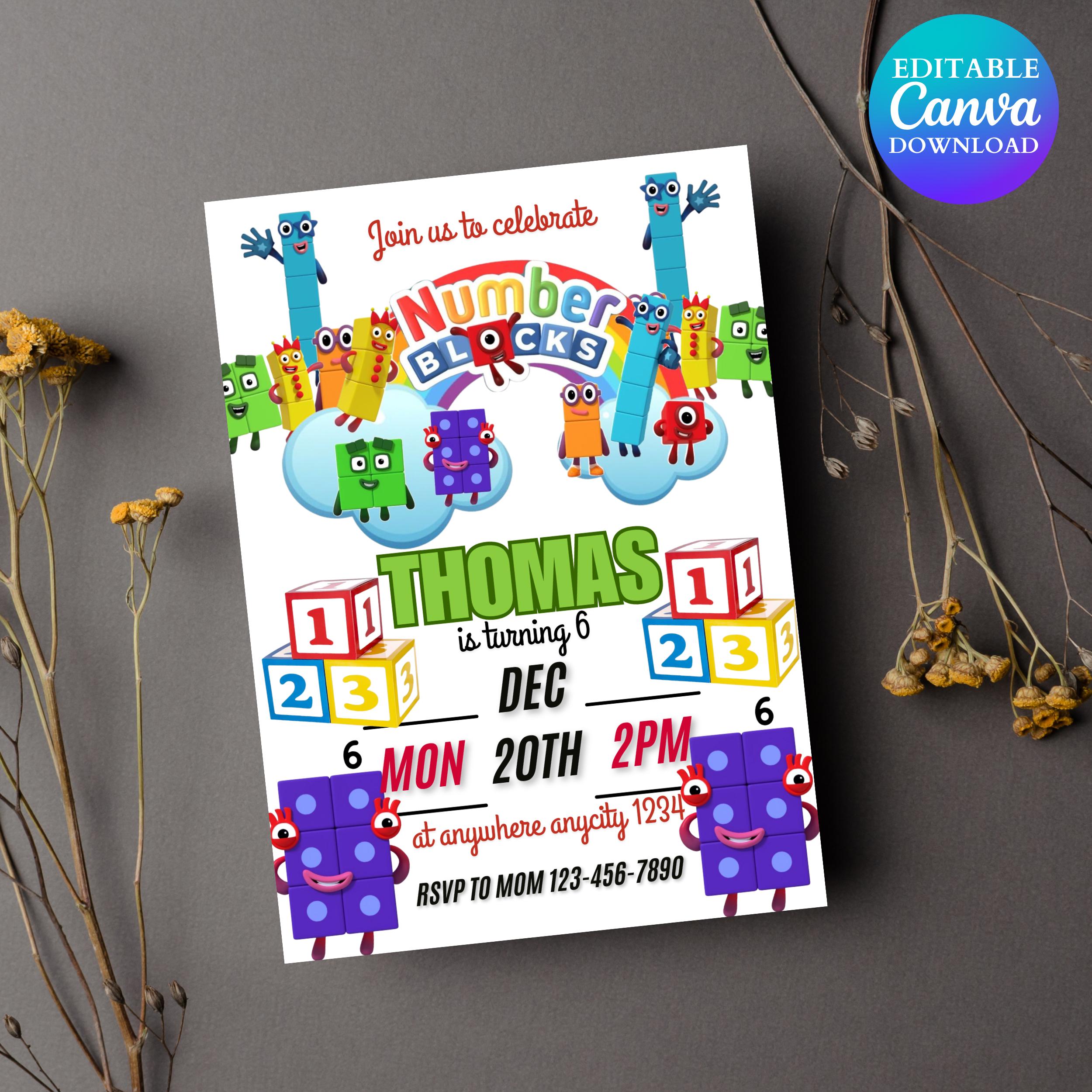Editable Number blocks, Birthday Invitation, Number blocks Birthday Party, Building Blocks Birthday Party, Learn numbers First Second party