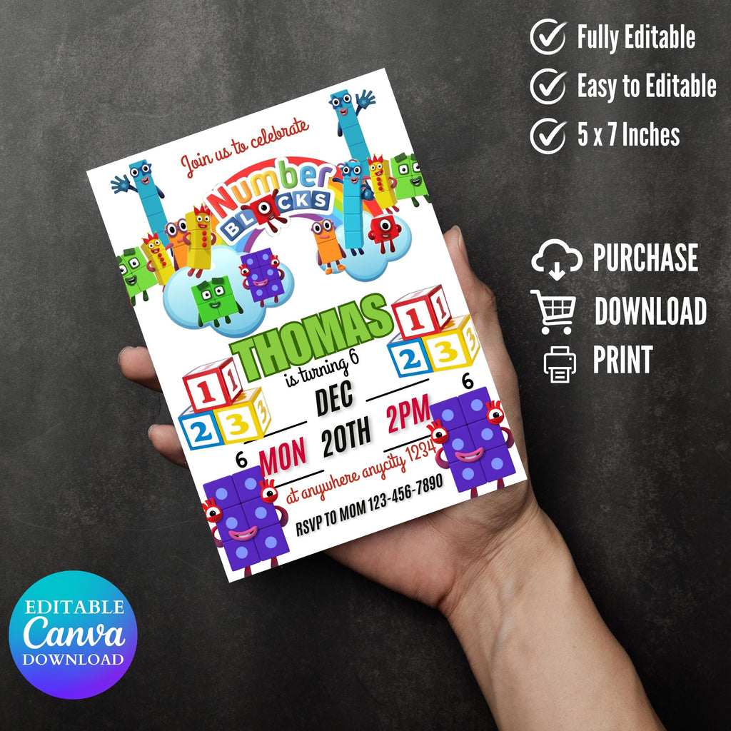 Editable Number blocks, Birthday Invitation, Number blocks Birthday Party, Building Blocks Birthday Party, Learn numbers First Second party