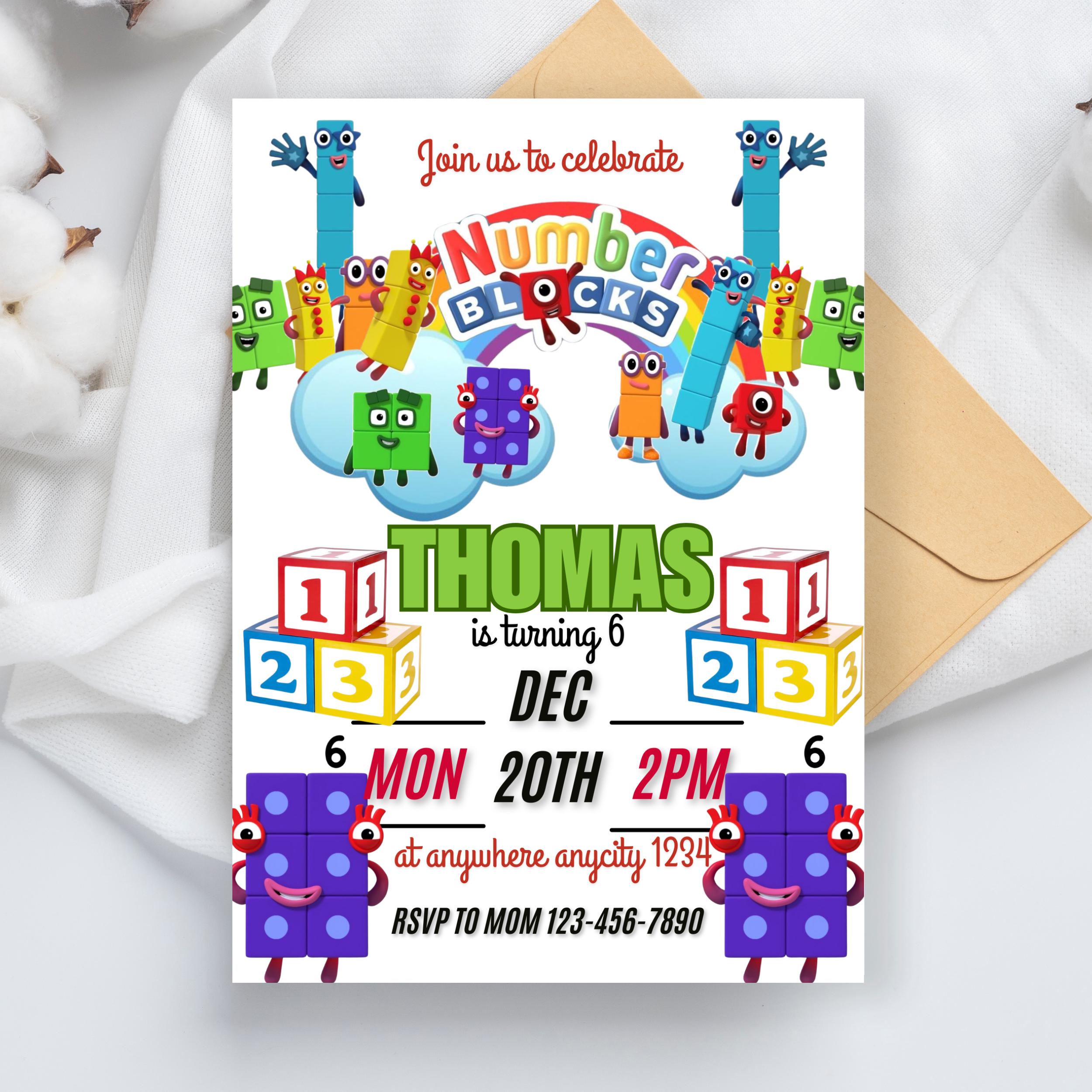 Editable Number blocks, Birthday Invitation, Number blocks Birthday Party, Building Blocks Birthday Party, Learn numbers First Second party