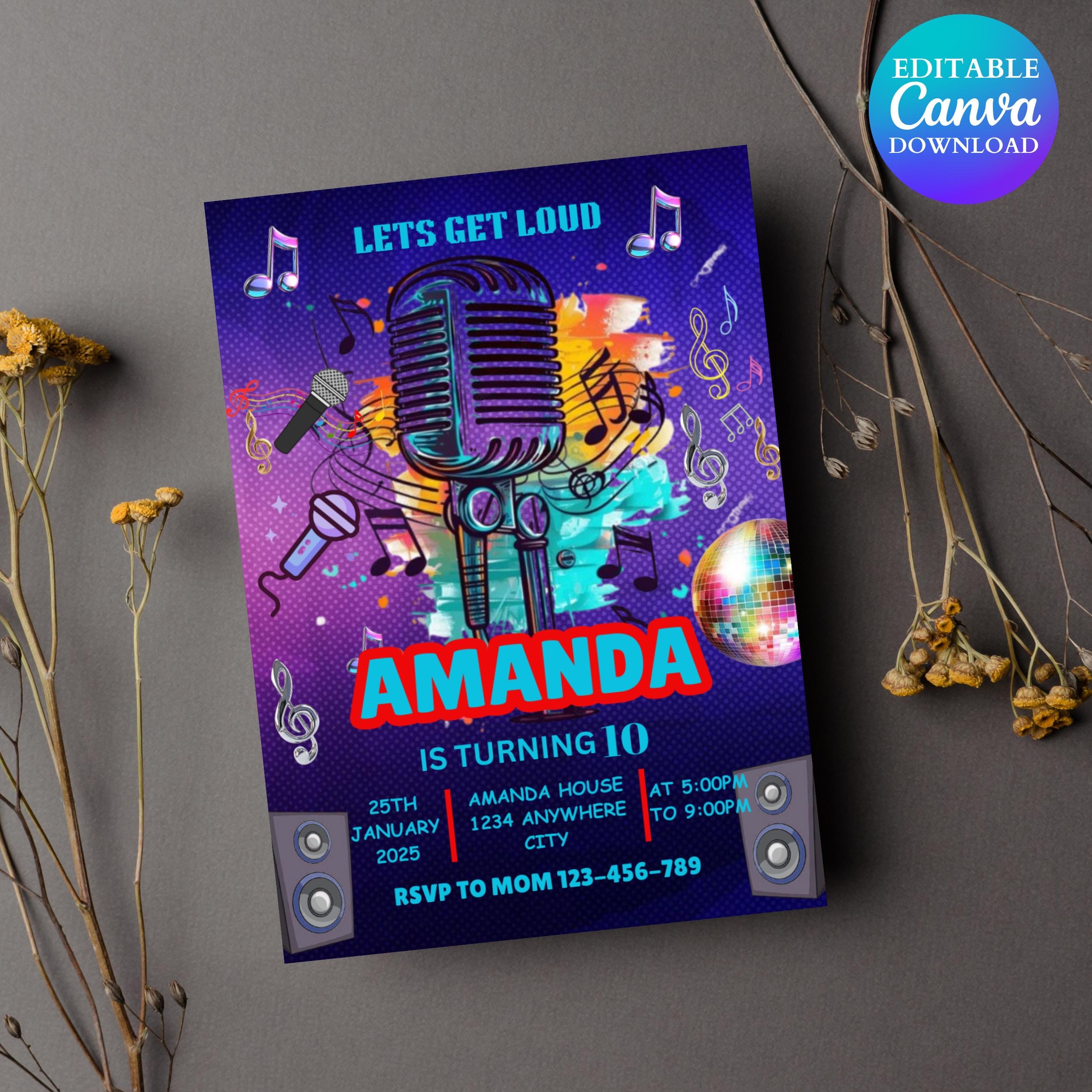 Karaoke Party Birthday Invitation, Glow Karaoke Birthday Party, Neon Singing Music Party Invite, Karaoke and Glow CANVA