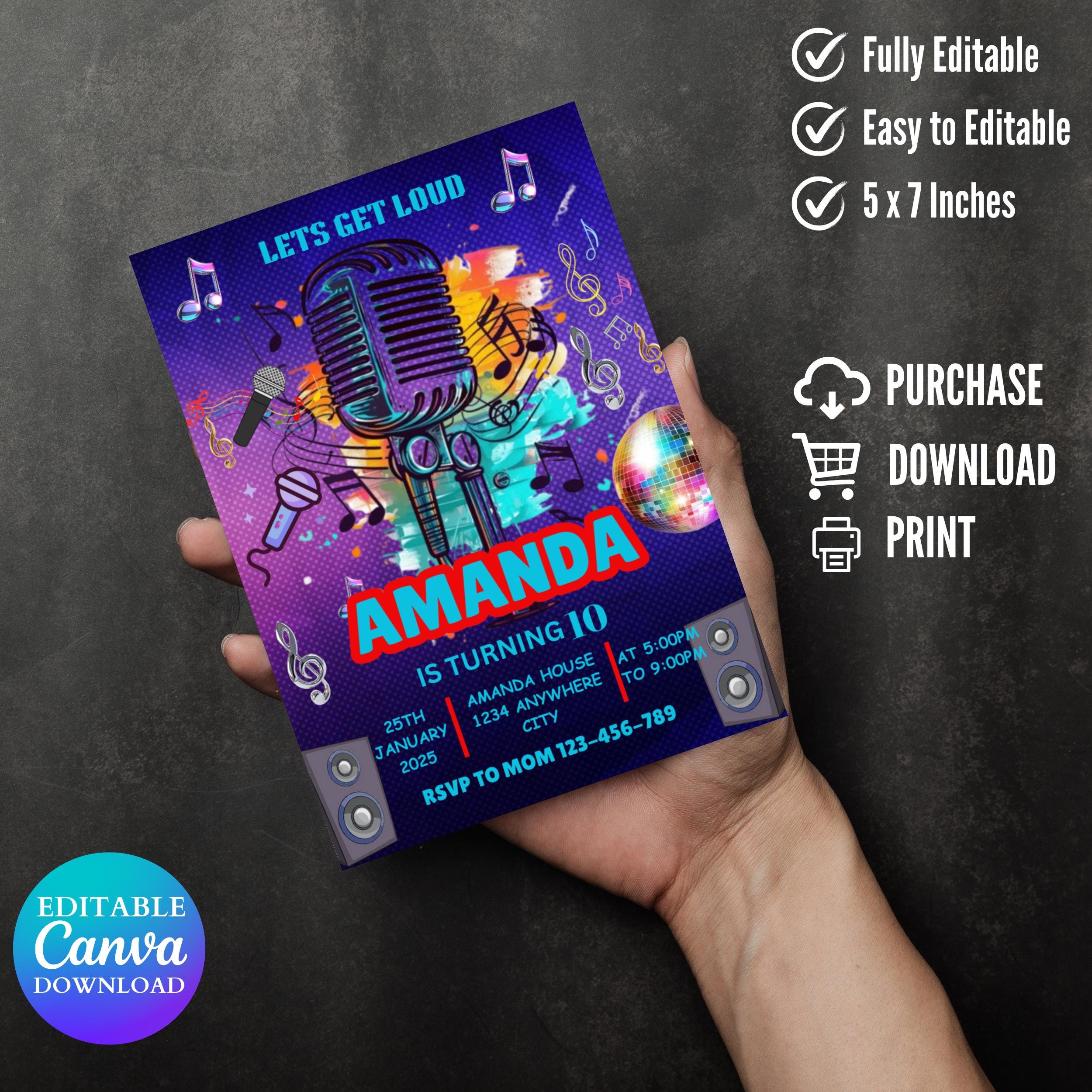 Karaoke Party Birthday Invitation, Glow Karaoke Birthday Party, Neon Singing Music Party Invite, Karaoke and Glow CANVA