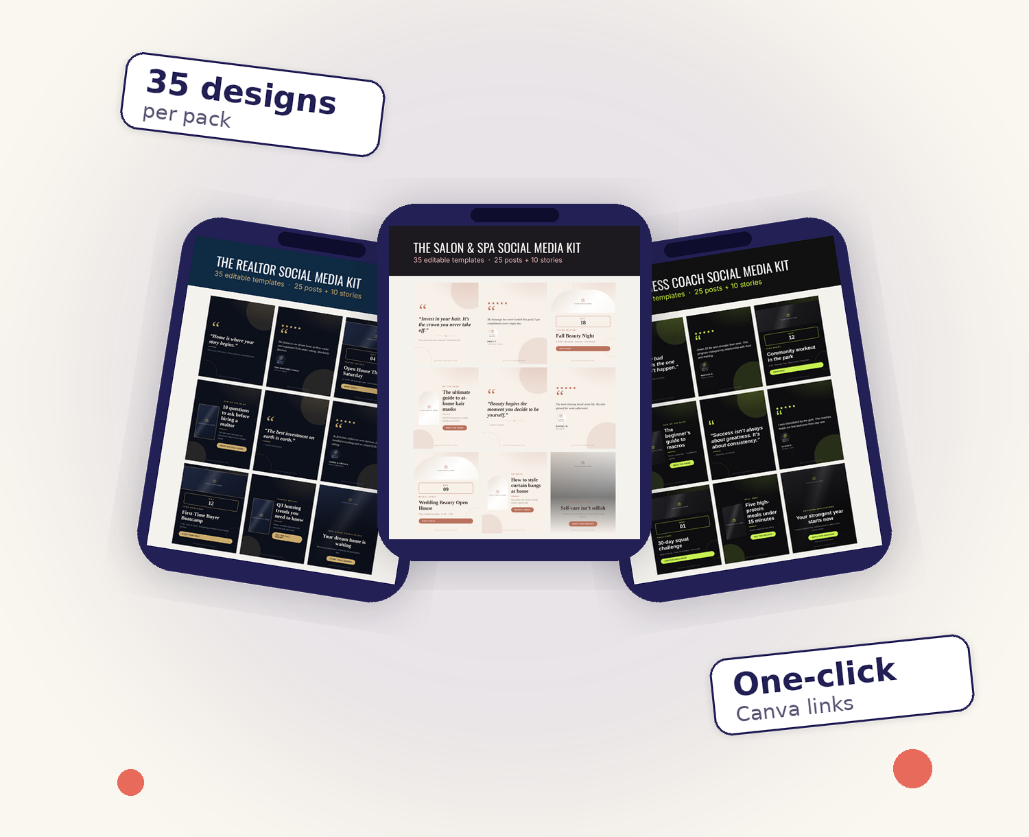 QuickClickCreatives Canva template packs displayed on phones